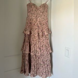 Lulus Cascading Crush Pink Floral Print Tiered Bustier Midi Dress